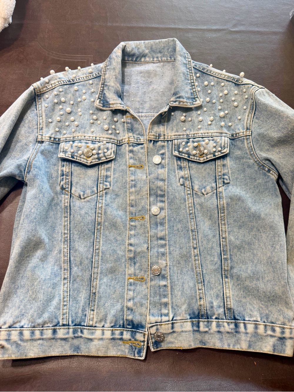 MARBLE Light Blue Denim Jacket with Pearl Embellishments - Picture 6 of 6